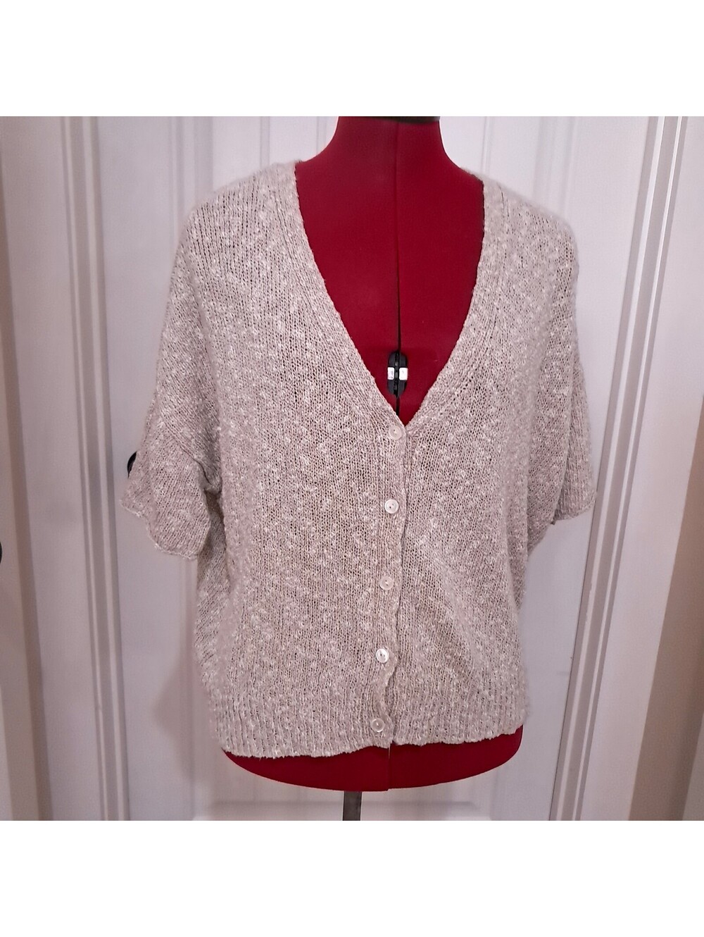 Eileen Fisher short sleeve cardigan sweater sz M MEDIUM tan brown linen cotton